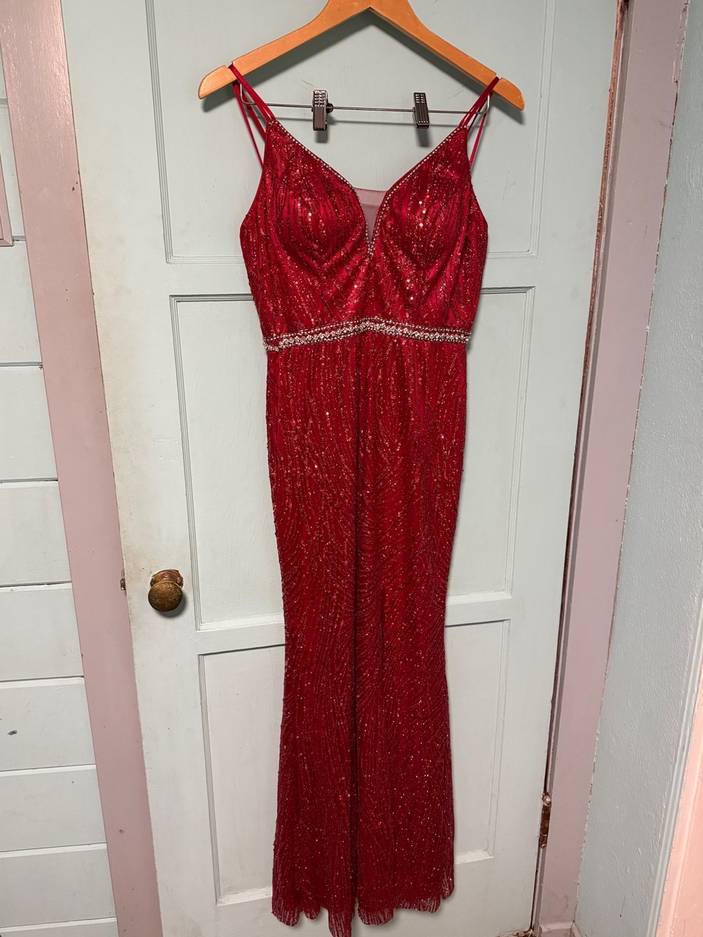 Dancing Queen Red Beaded V-Neck Prom Dress